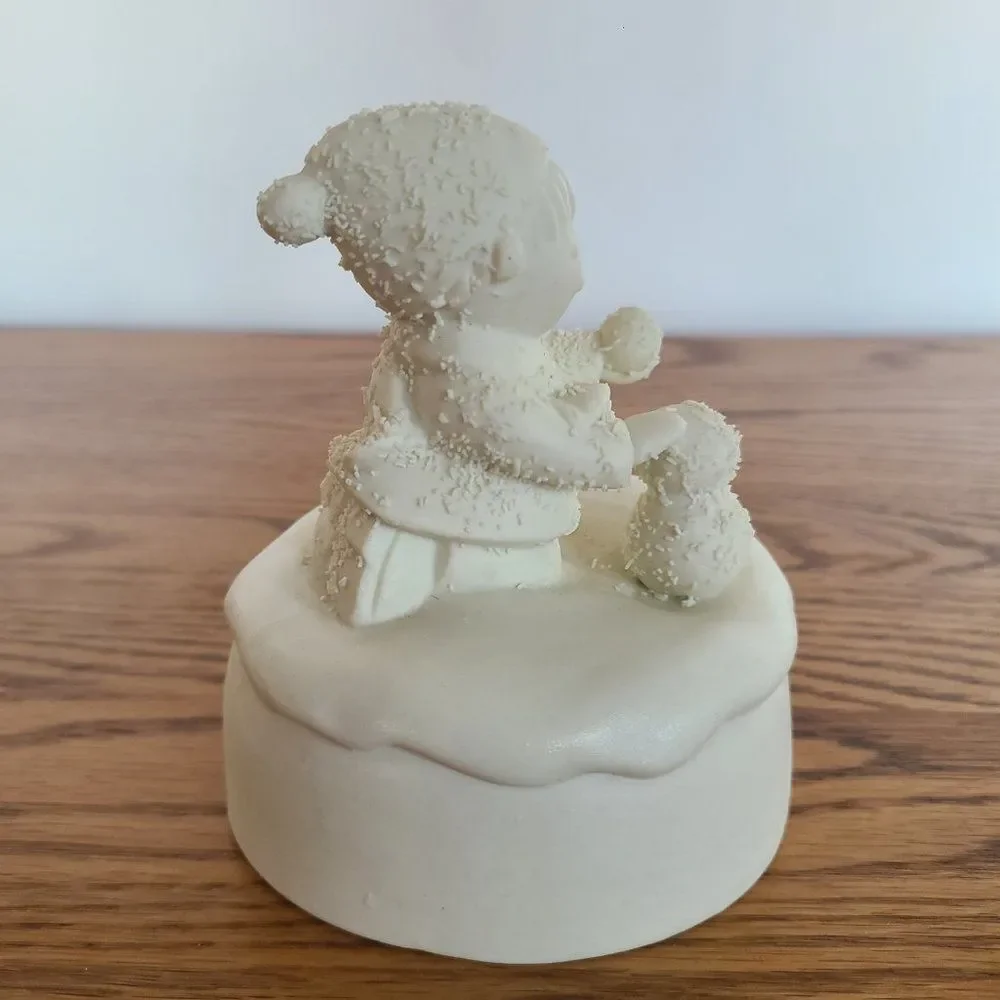 Porcelain Bisque Holiday Christmas Music Box Boy Building Snowman 